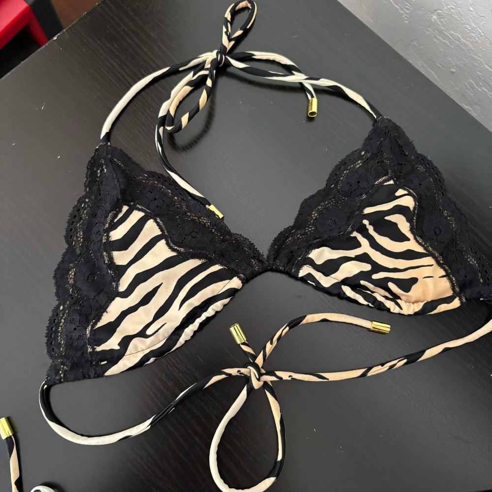 Early 2000s Victorias Secret Zebra Print Lace Bikini Set Triangle Side Tie M Y2K - Picture 13 of 16